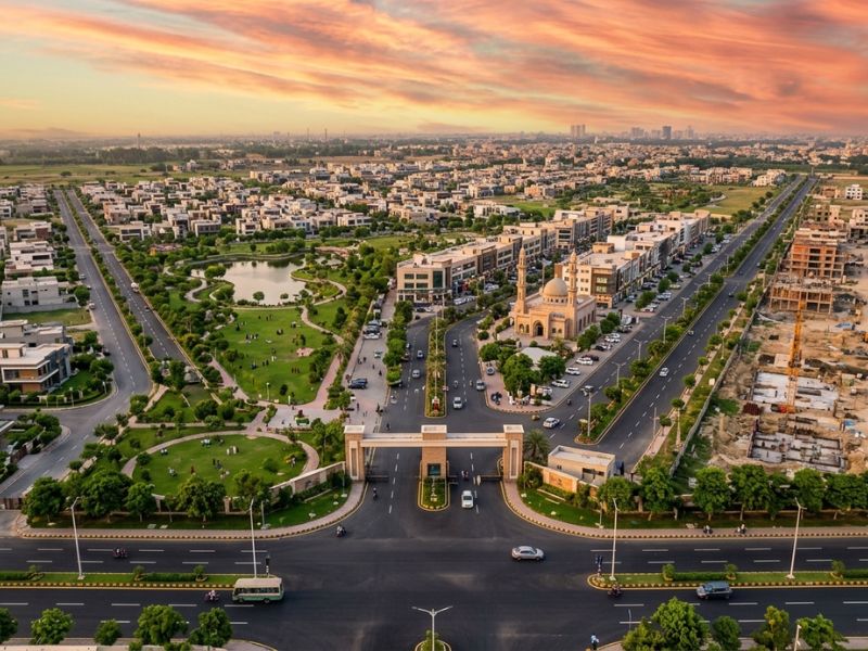A modern aerial view of Etihad Town Phase 4 showing residential plots, commercial blocks, landscaped roads, parks, and modern infrastructure in Lahore.