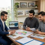 young mens discussing property documents with a professional real estate consultant inside a modern sales office.