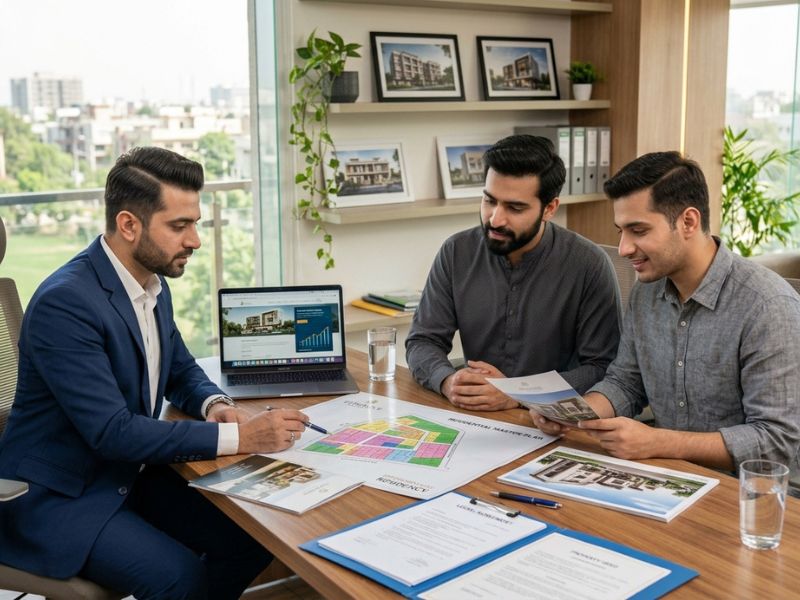 young mens discussing property documents with a professional real estate consultant inside a modern sales office.